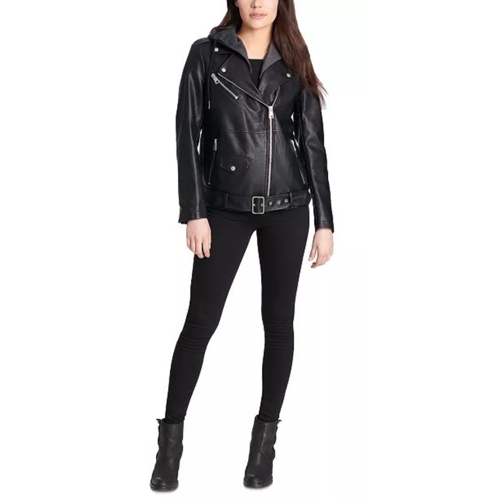 Levi Strauss & Co. Black Faux‎ Leather Moto Jacket Gray Hoodie Womens Medium NEW - Picture 11 of 16